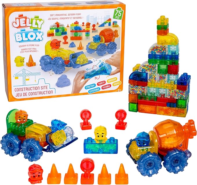Jelly Blox Construction Site Set | Includes 75 Pieces | Toddler &amp Preschool Building Blocks Kids Can Squeeze Stretch Squish | MESH ACCREDITED | Safety Tested &amp Ouch-Free | Sensory Play Toy A