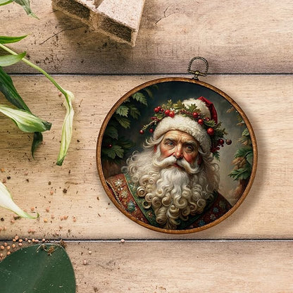 KSDUT Vintage Christmas Wall Decor Art - Retro Santa Claus Wall Art Canvas Frame Hanging Prints, Merry Christmas Xmas Holiday Round Wall Art Decor for Farmhouse Home Decorations 10"x10"
