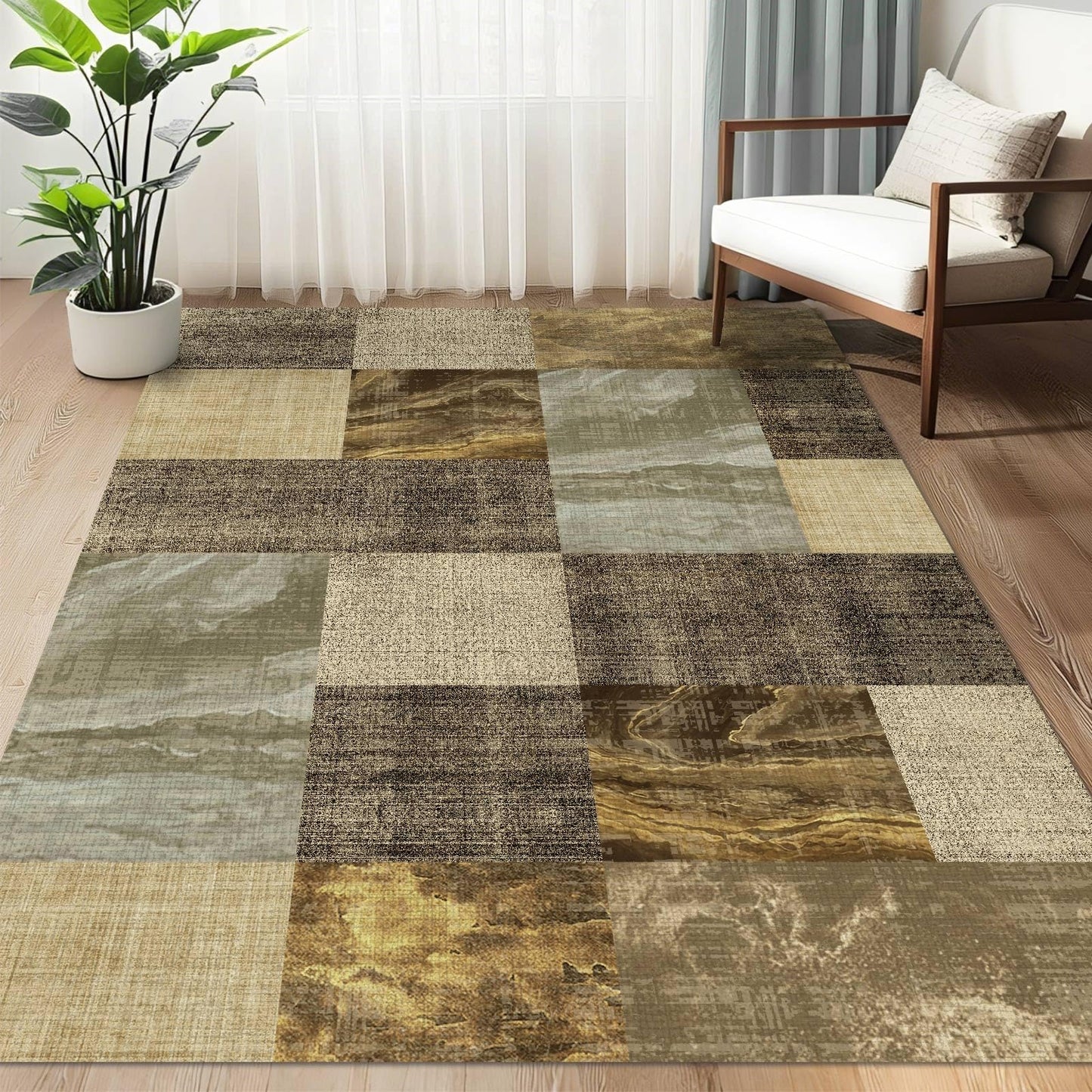 3×5 Washable Modern Checkered Abstract Area Rugs,Non-Slip Backing with High Traffic Carpet for Bedroom,Living Room,Office,Dining Room and Farmhouse,Brown and Lt.Yellow