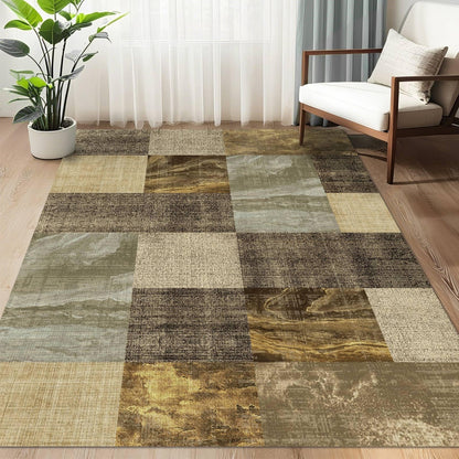 3×5 Washable Modern Checkered Abstract Area Rugs,Non-Slip Backing with High Traffic Carpet for Bedroom,Living Room,Office,Dining Room and Farmhouse,Brown and Lt.Yellow