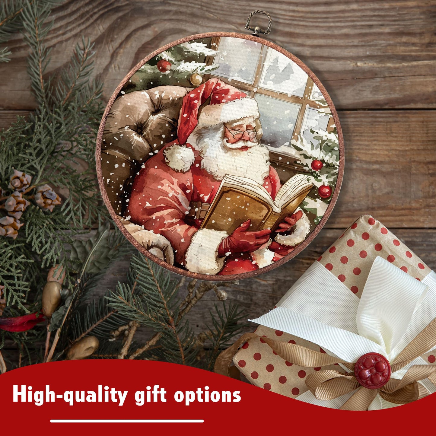 heiyihe Round Christmas Canvas Frame Wall Art Decor, 10x10 Inches Santa Reading Book Hanging Wall Artwork, Christmas Embroidery Kit Decor for Home Living Room, Xmas Gift Ideas for Family Friends-A05