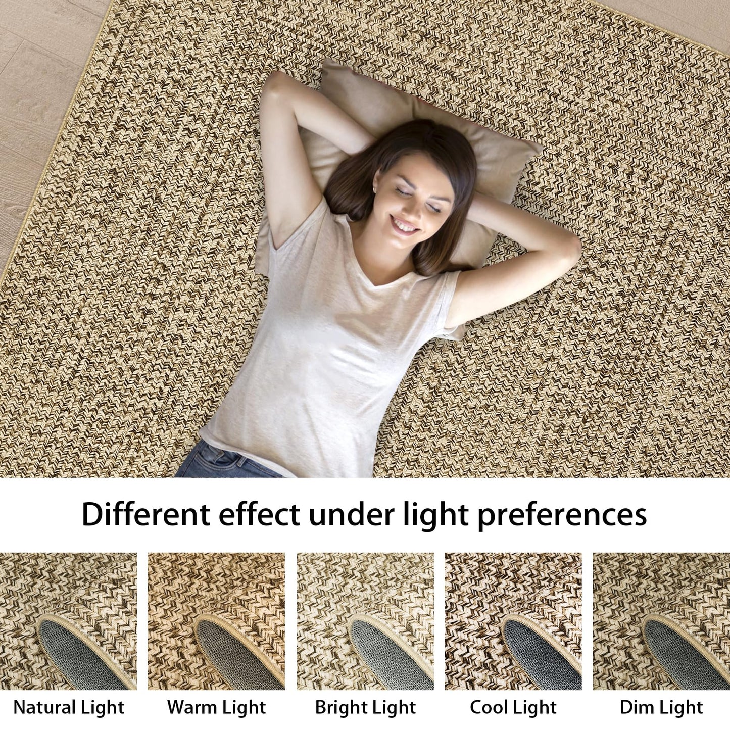 ROYHOME Washable Area Rug 5x7 Print Braided Machine Washable Rug Solid Printed Textured Carpet Stain Resistant Non-Slip Farmhouse Floor Cover for Living Room Dining Bedroom Decor, Linen