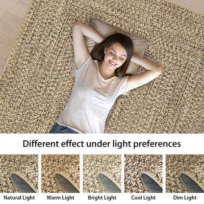 ROYHOME Washable Area Rug 5x7 Print Braided Machine Washable Rug Solid Printed Textured Carpet Stain Resistant Non-Slip Farmhouse Floor Cover for Living Room Dining Bedroom Decor, Linen