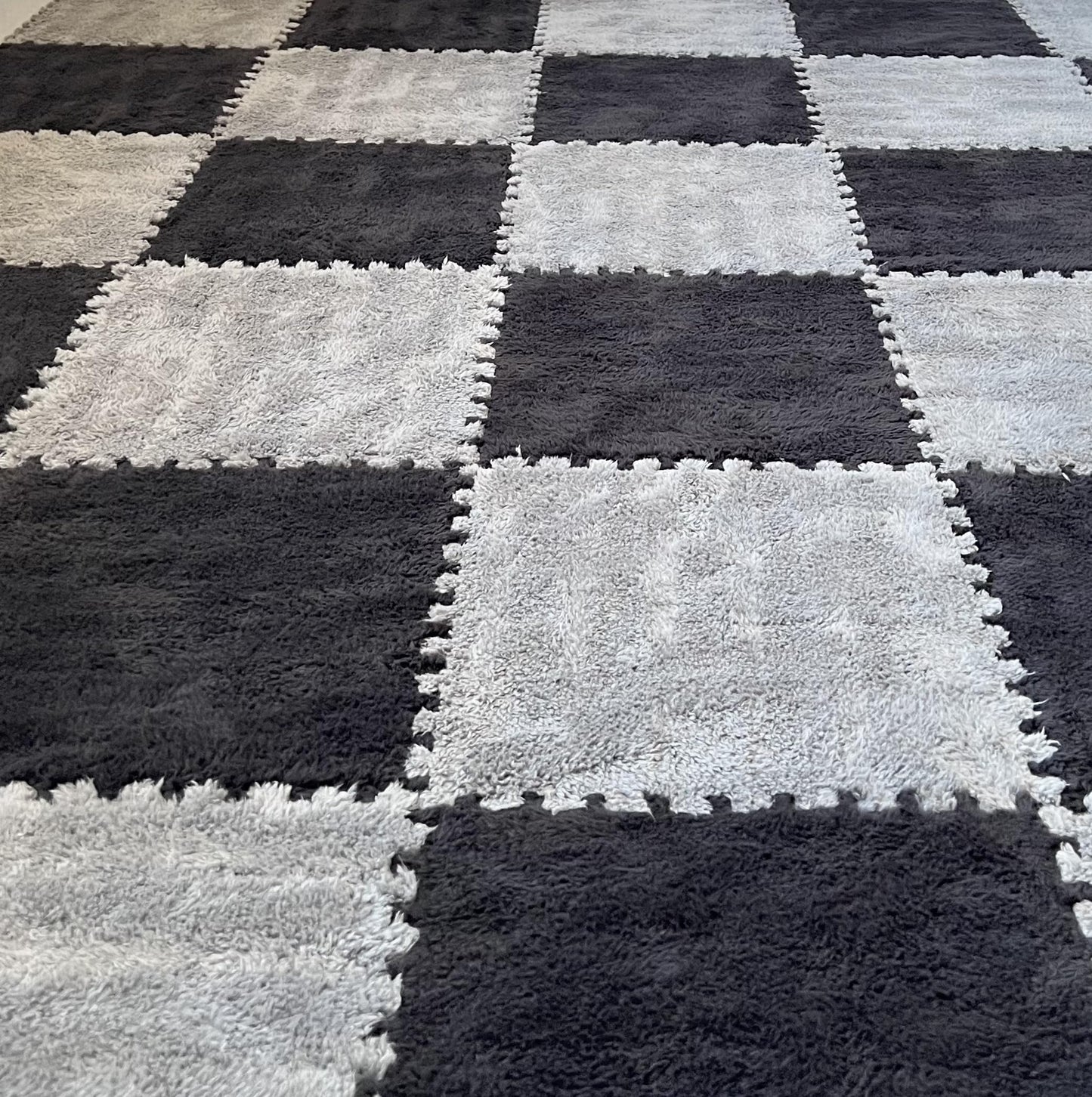 12pcs Carpet Squares Puzzle Floor Mat, Plush Interlocking Carpet Tiles, Anti Slip EVA Foam Jigsaw Floor Tiles, Build A Safe Area for Bedroom Playroom (Grey+Black)