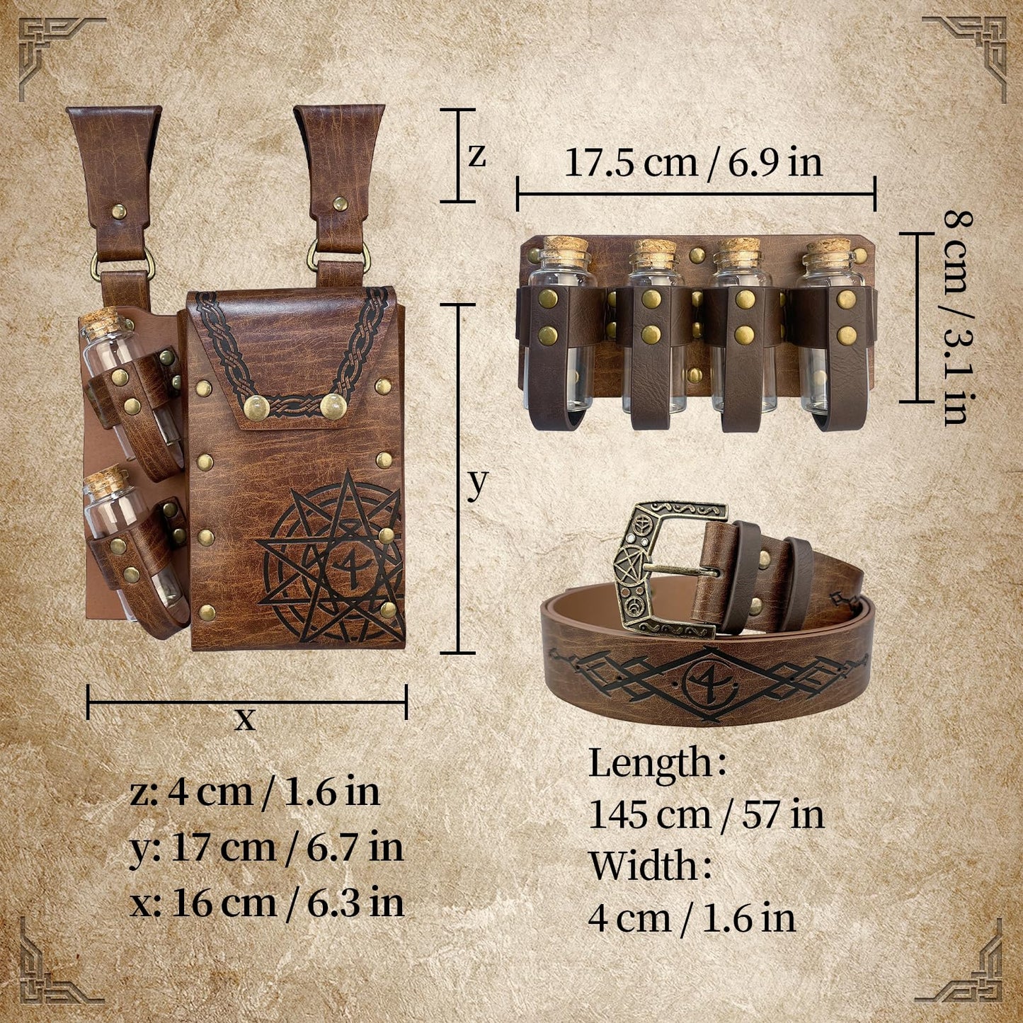 EpicCos 3 PCs Medieval Alchemy Belt Waist Pack Combo with Multiple Potion Bottles, Viking Rivet Belt Side Pouch for Cosplay (Brown D)