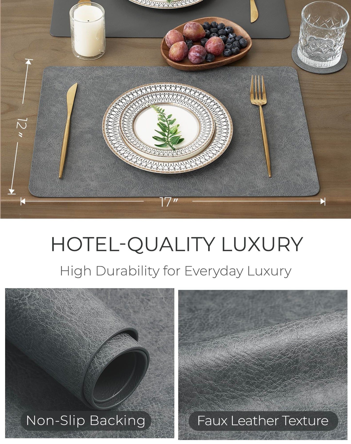 Leetaltree Reversible Faux Leather Placemats Set of 6, 12x17 Inch – Hotel-Quality Heat Resistant & Waterproof Wipeable Table Mats, Non-Slip for Dining Kitchen (Mist Crey, 6 Pack)