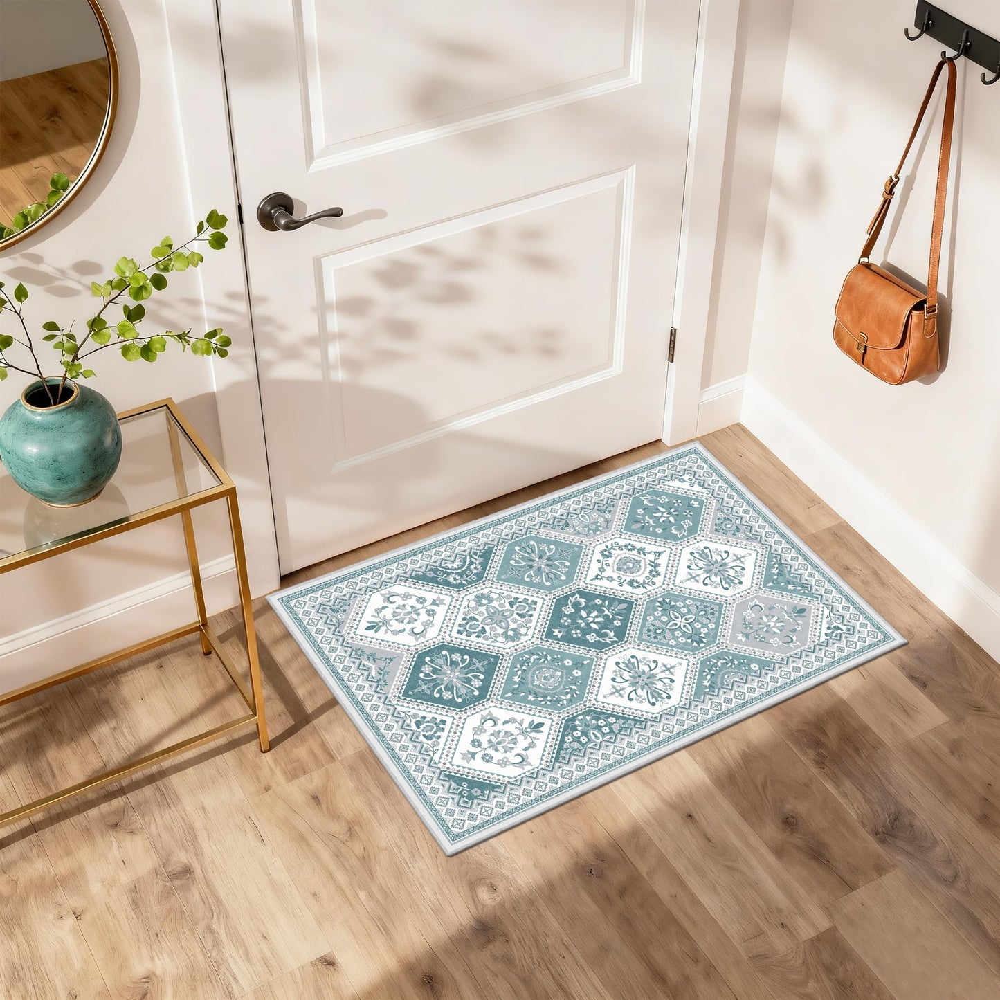 TTelephant 2x3 Washable Entryway Rugs, Soft Non-Slip Boho Moroccan Rug, Low-Pile Printed Indoor Teal Throw Rugs for Entrance, Kitchen, Bedroom Bedside- Teal