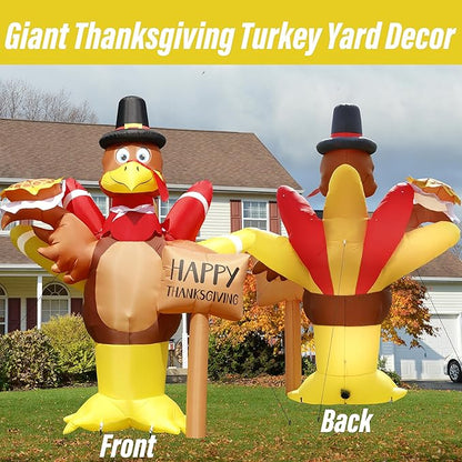 12FT Thanksgiving Inflatables, Super Huge Inflatable Turkey Holding Pumpkin Pie and Happy Thanksgiving Sign, Lighted Blow Up Turkey for Yard Decor Outdoor Lawn Garden Autumn Holiday Harvest
