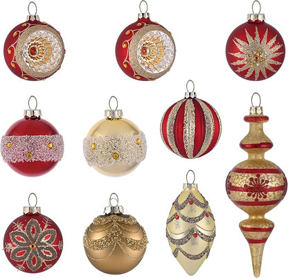 Valery Madelyn Glass Christmas Ornaments Set, 10ct Red Gold Mercury Blown Large Glass Christmas Tree Ball Decorations, Luxury Hanging Teardrop Finial Faceted Reflector Decor