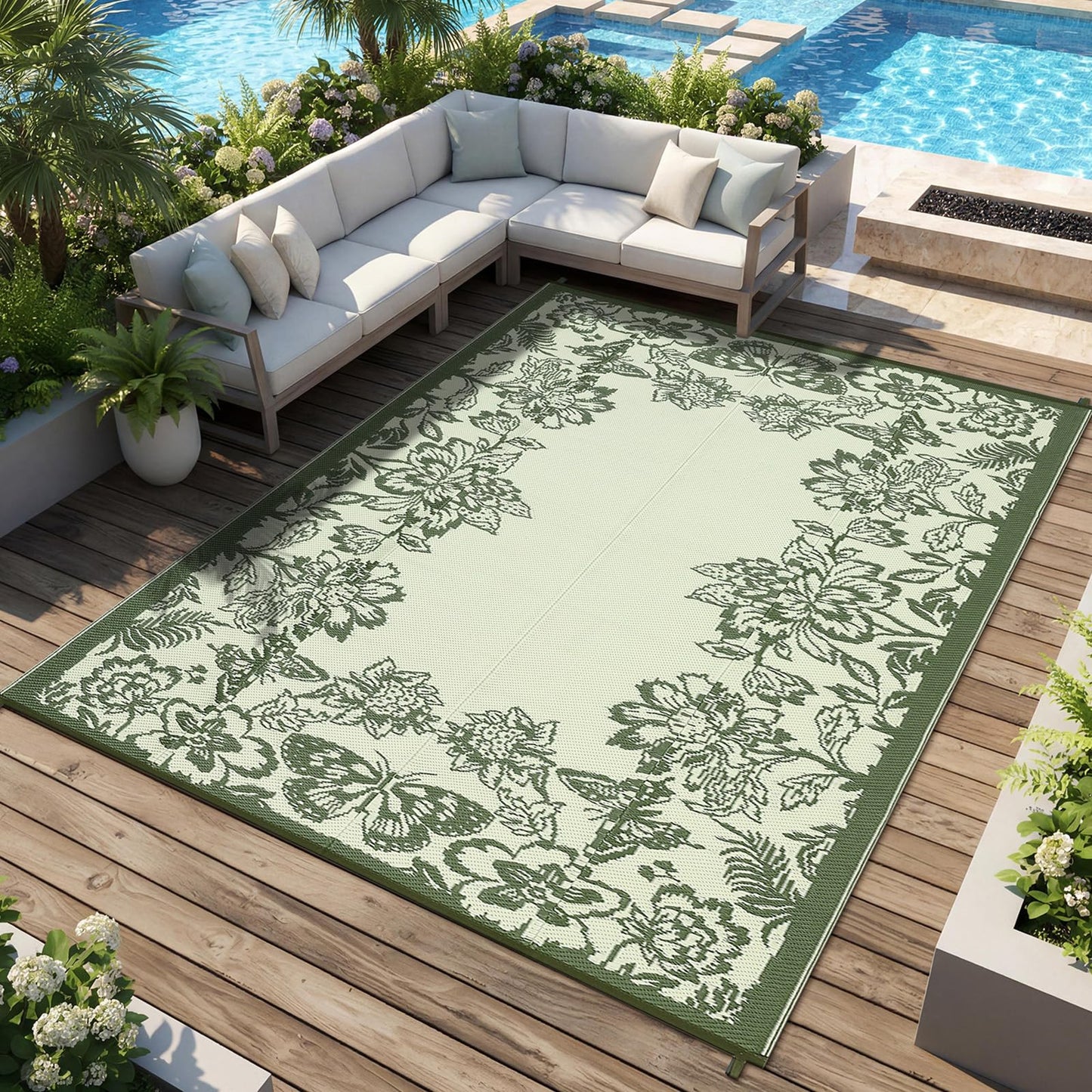 GarveeHome Outdoor Rug 9x18 Patio Waterproof, Reversible Plastic Straw Rugs for Camping, Picnic, Balcony, Porch, RV, Easy-Clean & Quick Dry Floral Pattern Large Indoor Outdoor Carpet, Green