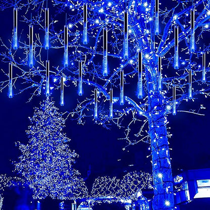 Kwaiffeo Blue Icicle Christmas Lights Outdoor, 16 Tubes(Equivalent to 2 Sets of 8-Tubes) LED Meteor Shower Lights for Xmas Halloween Decor Yard Lawn, Outdoor Lighted Christmas-Themed Ornaments