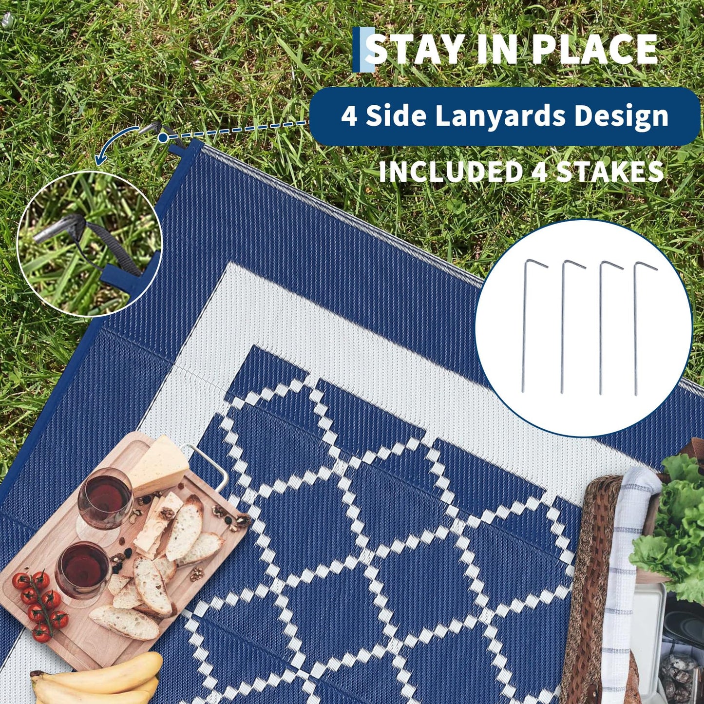 GAOMON Outdoor Rug 8x10 Patio Waterproof Reversible Plastic Straw Rug, Large UV-Resistant Portable RV Camping Mats with 4 Stakes & Carry Bag Boho Geometric Carpet for Outside Deck Porch Garden, Navy