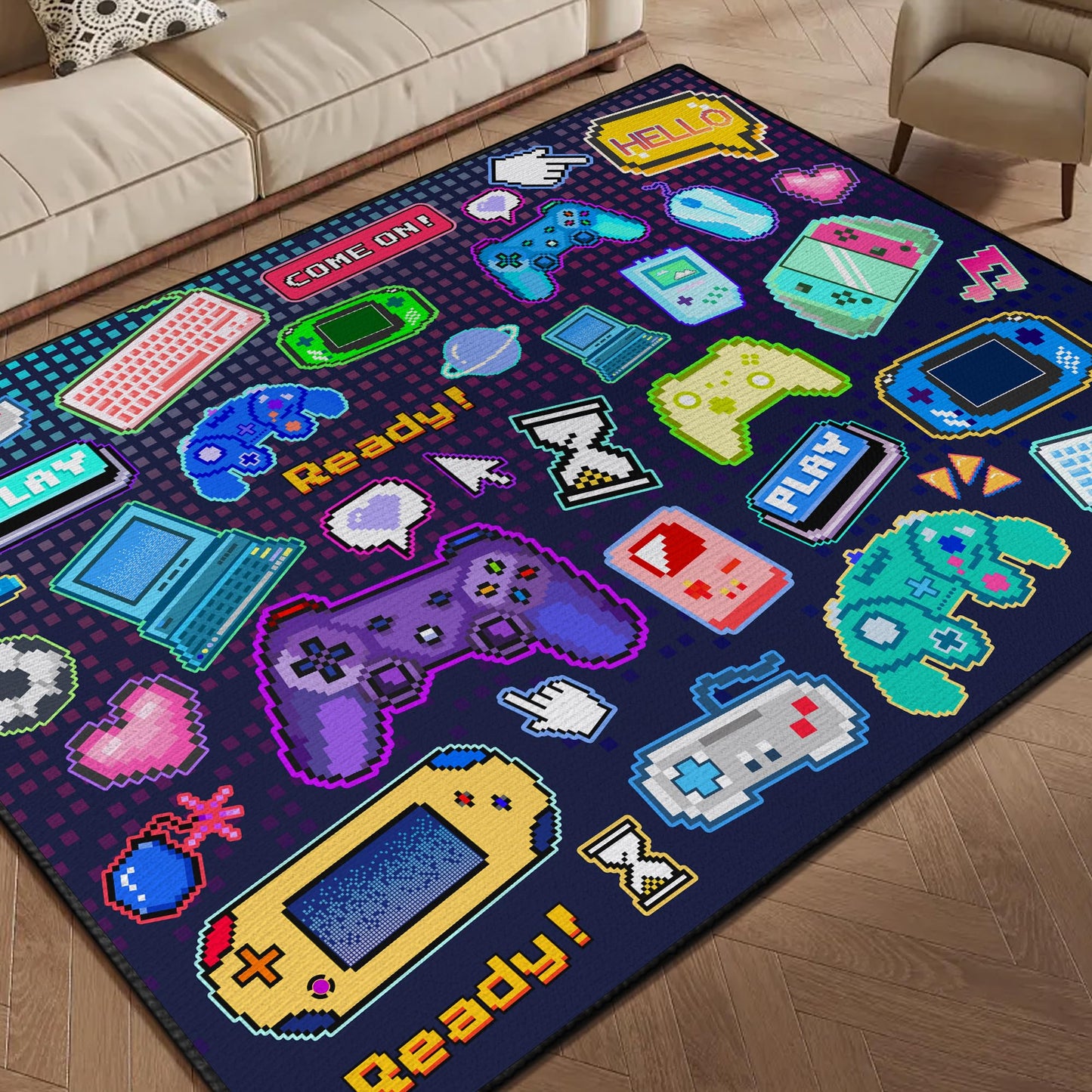 Didswuit Playing Game Rug for Bedroom, 59"x39" Pixel Game Controller Mat Gamepad Carpet for Playroom, Gaming Play Rugs Art Décor for Gamer Washable