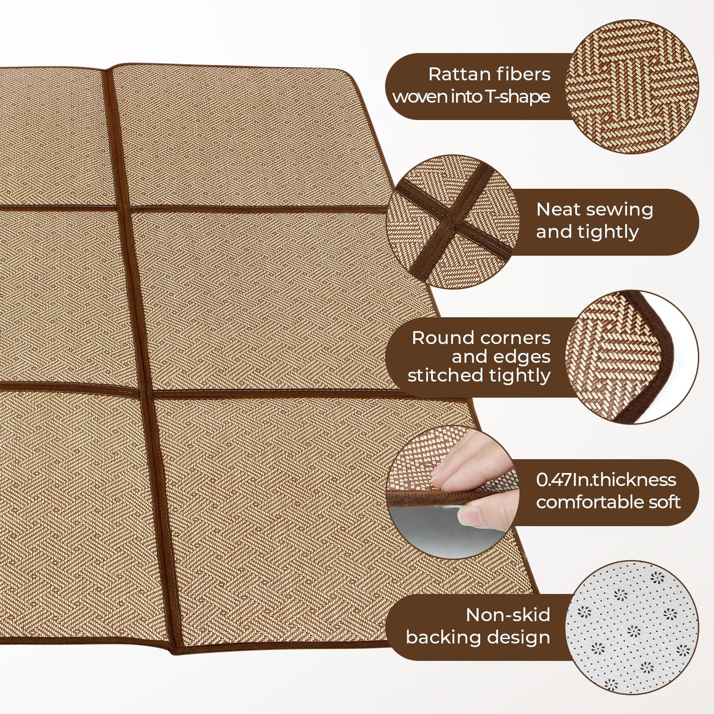 71'' x 71'' Large Japanese Tatami Mat, 0.47'' Thickness Foldable Rattan Japanese Floor Mats with Storage Bag, Non-Slip Breathable Memory Foam Area Rug Living Room Bedroom Yoga