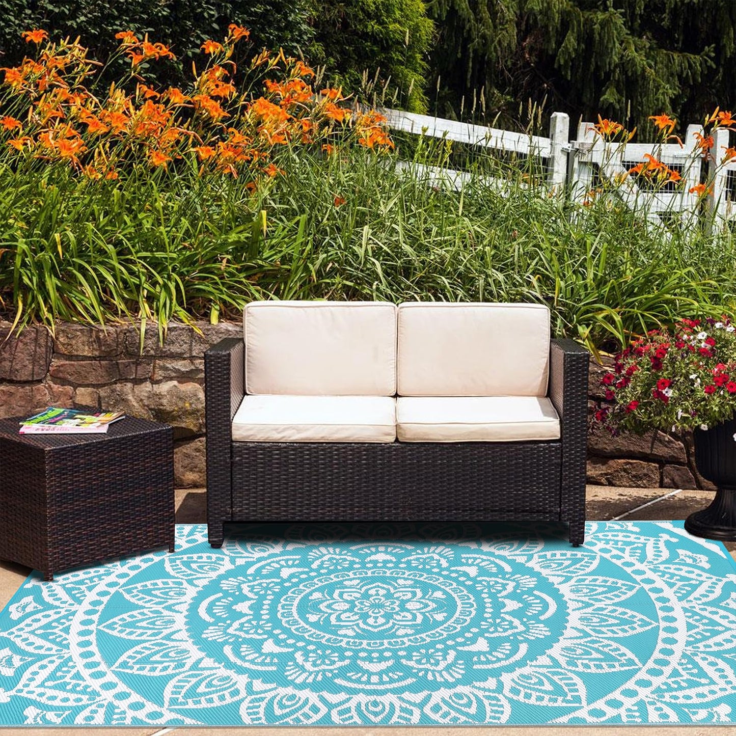 Bsmathom Waterproof Outdoor Rug 6'x9' Reversible Boho Plastic Straw Patio Deck Camping Rugs, Indoor Outdoor Portable RV Mat Clearance Carpet for Outside, Porch, Balcony, Backyard, Beach, Pool,Teal