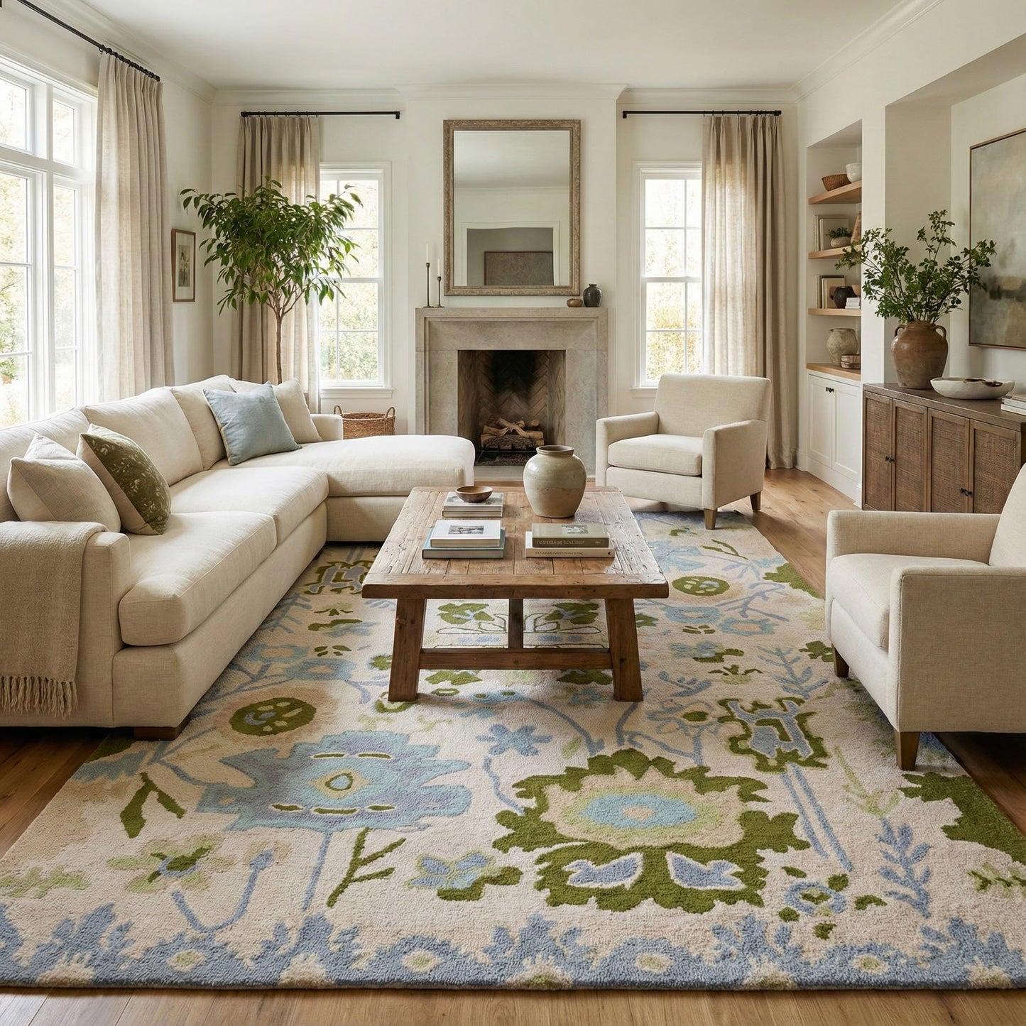 Handmade Oushak Wool Area Rug | Floral and Botanical Patterns in Soft Blue and Green | Luxurious Thick Pile for Living Room, Bedroom & Dining Room Decor (Blue & Green, 4' x 6')