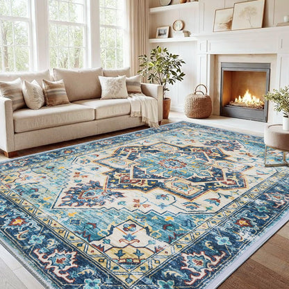 Mueinxiei Washable Vintage Area Rugs 9x12 Large Medallion Pattern Rugs, Non Slip Water Repellent Low Pile Carpet for Living Room Bedroom Dining Room Gemstone Blue