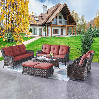 Rilyson Wicker Patio Furniture Set - 7 Piece Rattan Outdoor Sectional Conversation Sets with 2 Rocking Swivel Chairs,2 Ottomans,2 Sofa and 1 Coffee Table for Porch Deck Garden(Brown/Red)