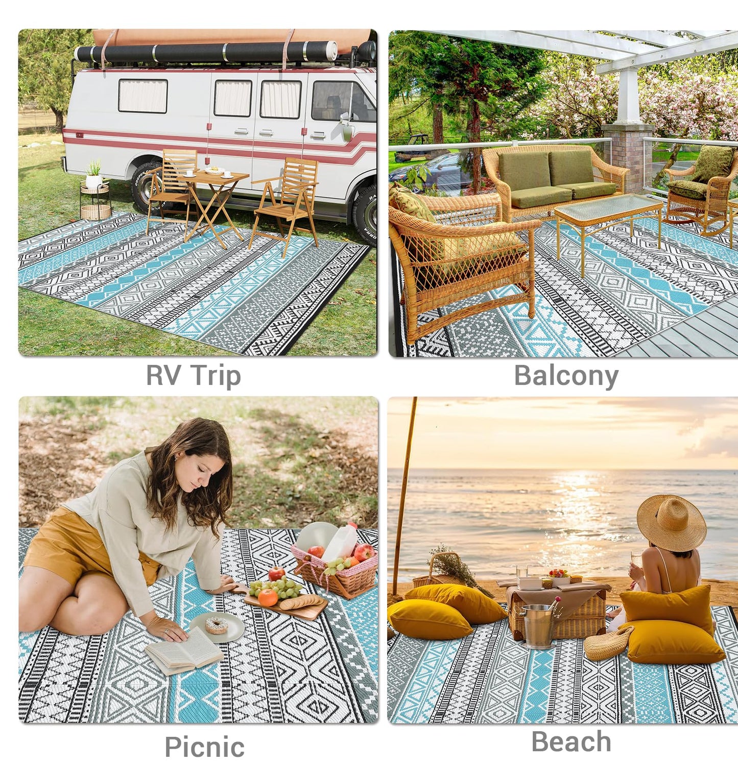 COZYLOOM Outdoor Rug Carpet Waterproof 9x12 ft Reversible Patio Rug Outside Plastic Carpet, Stain & UV Resistant Portable RV Mat Straw Rug for Camping, Backyard, Deck, Picnic, Porch, Blue/Grey