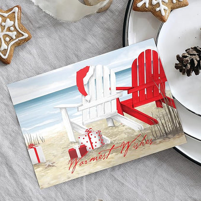 Masterpiece Beach Chairs Cards / 16 Warmest Wishes Coastal Holiday Card Set With Red Foil And White Envelopes / 5 5/8" x 7 7/8" Tropical Vacation Greeting Cards With Meaningful Inside Verse