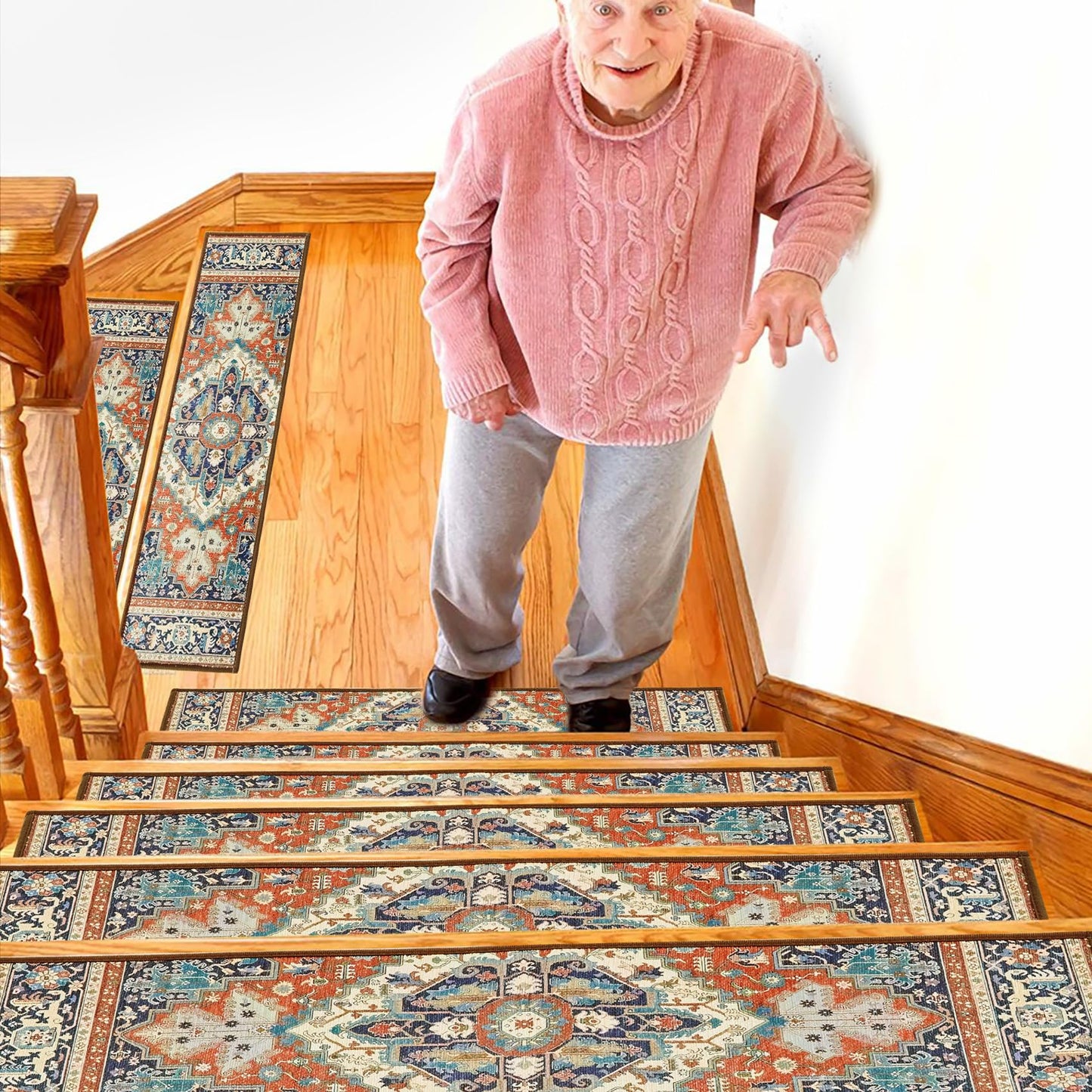 Stair Treads for Wooden Steps Indoor, 15 Pack 8" X 30" Non Slip Carpet Stair Treads with Reusable Adhesive for Kids Elders and Dogs, TPR Backing Stair Rugs Oriental Staircase Step Treads,Bohemia