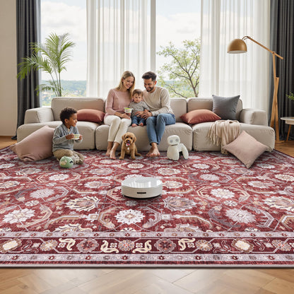 Woodbruy 5x7 Area Rugs, Soft Non Slip Low Pile Washable Rug, Boho Modern Rug for Living Room, Bedroom, Dining Room, Red