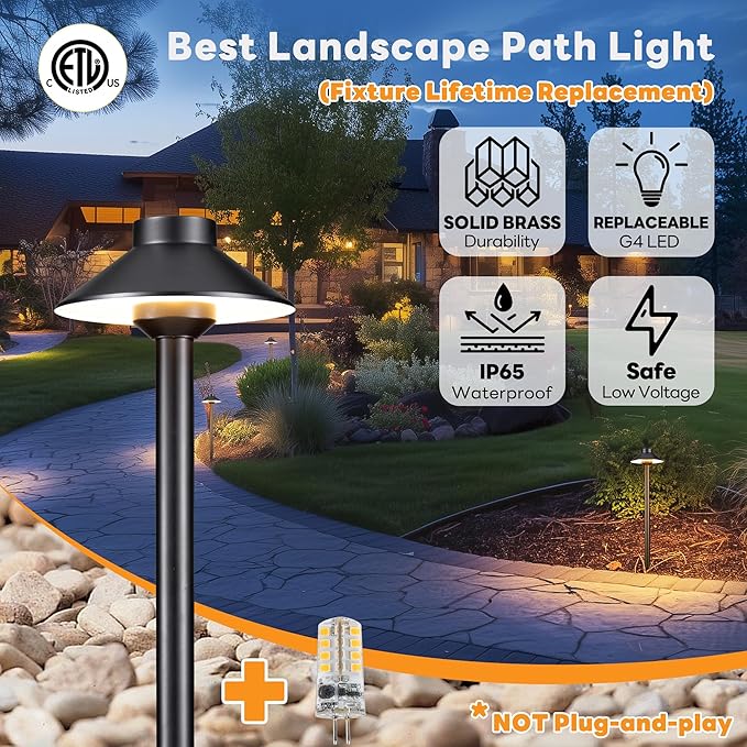 Gardenreet Low Voltage Landscape Lighting Brass, 12v Pathway Lights Waterproof, Hard Wired Path Light Outdoor, Mushroom Black for Exterior Patio House with 3W 270LM 3000K Soft White G4 Bulb (6 Pack)