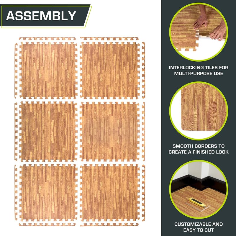 ProsourceFit Wood Grain Puzzle Mat - 6 Interlocking EVA Foam Tiles | 24 SQ FT Light Oak Indoor Flooring