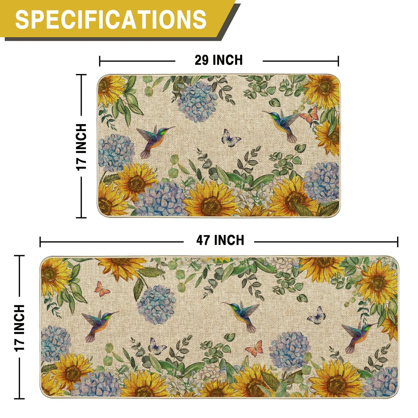 Tikeciti Spring Summer Sunflower Blue Hydrangea Kitchen Mats Set of 2, Butterflies Kitchen Rugs Seasonal Hummingbirds Holiday Floor Non-Slip Low Profile Mat Farmhouse Home Decor 17x29 and 17x47 Inch