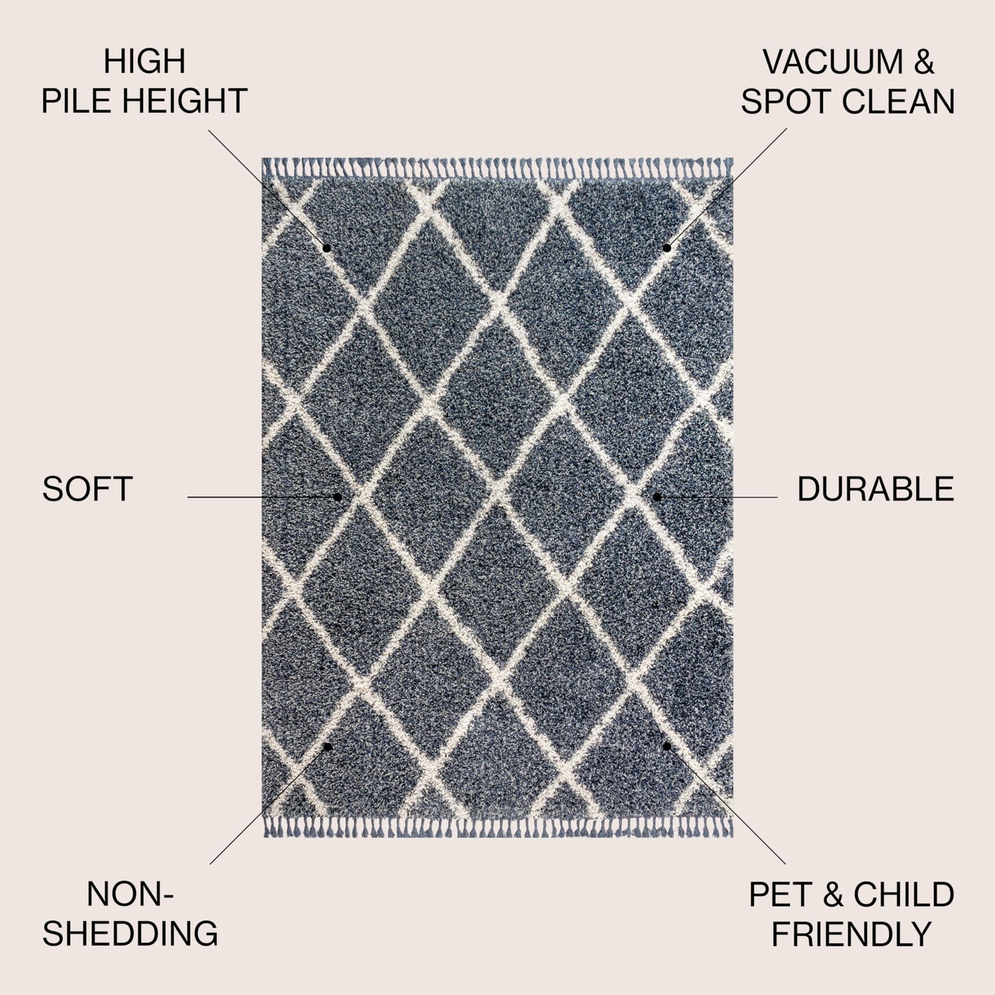 JONATHAN Y Mercer Shag Plush Tassel Denim Blue/Cream Indoor Area Rug, 3x5, Moroccan Geometric Trellis, Transitional, Easy-Cleaning for Living Room, Bedroom, Kitchen, Non-Shedding (MCR104A-3)