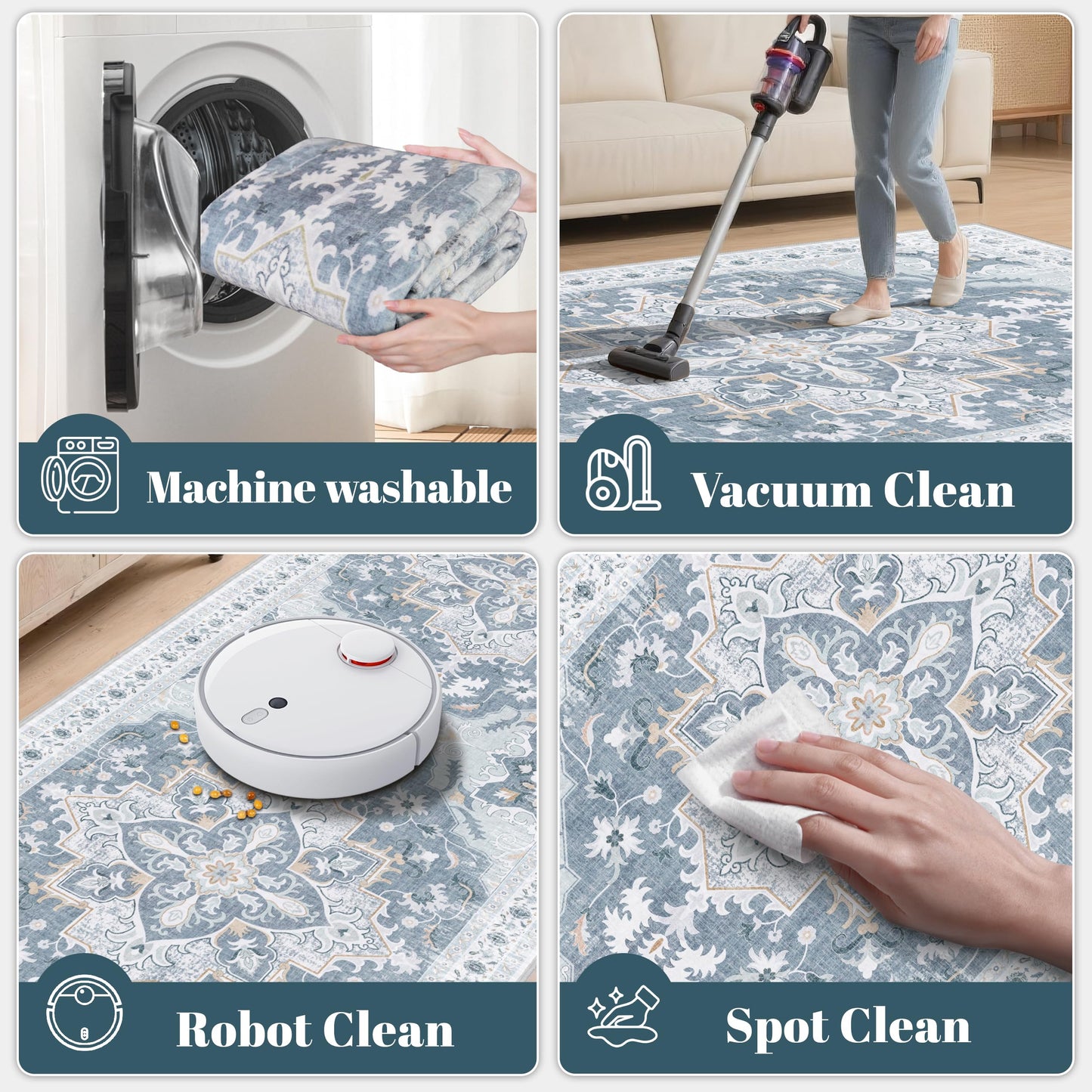 TTelephant 3x5 Washable Rug, Vintage Medallion Small Carpet for Living Room and Bedroom, Low Pile Indoor Entryway Rug with Non-Slip Silicone Backing, Non-Shedding, Blue/Gray