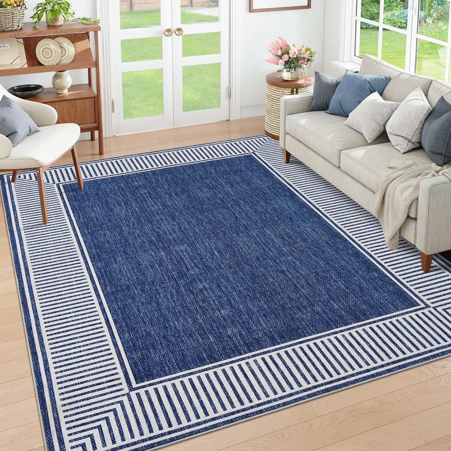 GarveeHome Washable Rug 5x7 for Bedroom Large Living Room Rug with Rubber Backing Casual Striped Border Throw Carpet Modern Contemporary Area Rug for Dining Room Nursery Entry, Blue