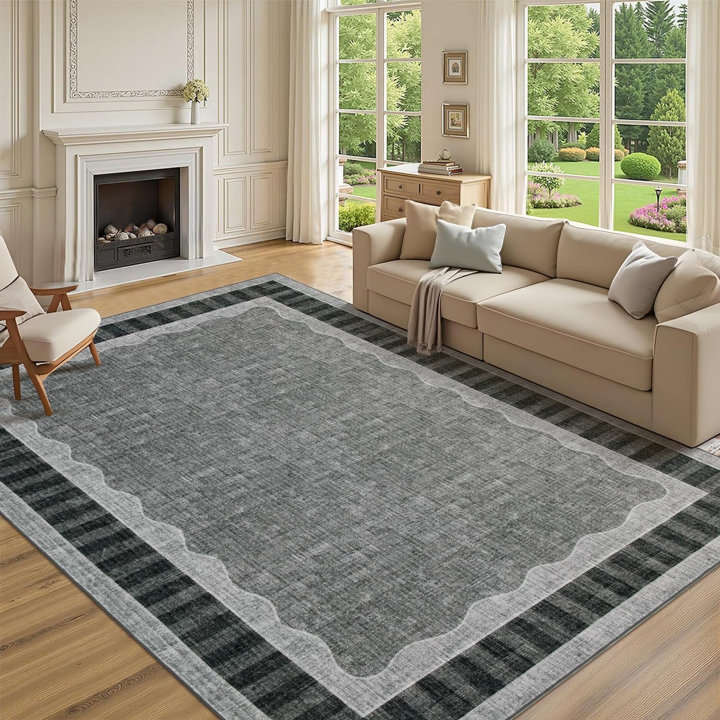Garvee 8x10 Scalloped Area Rug, Large Washable Rug – Soft Non-Slip Backing Thin Floor Mat Carpet for Living Room Bedroom Dining Room Playroom Nursery Home Decor