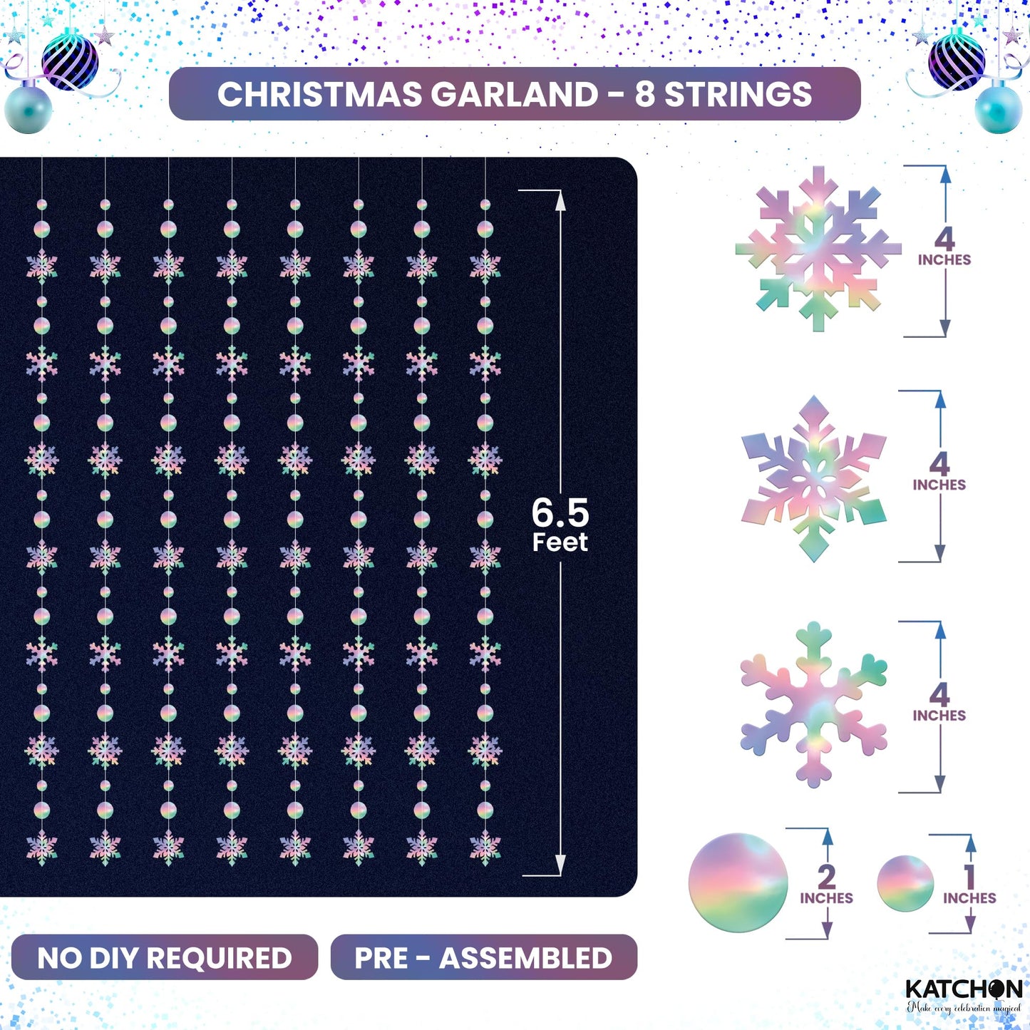 KatchOn, 6.5 FT Christmas Garland Decorations- 8 String, No DIY | Snowflake Garland | Hanging Christmas Decorations Indoor | Snowflakes Streamers for Iridescent Party Supplies, Winter Decor
