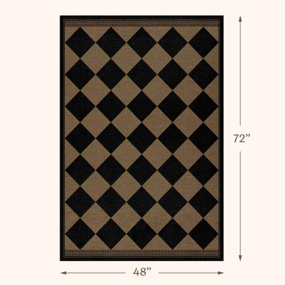 Black & Brown Checkered Easy Jute Outdoor Rug 4x6 for Porch Patio, Washable Non-Slip Diamond Checkerboard Entryway Office and Backyard Boho Border Rug, Farmhouse Low Pile Indoor Carpet for Living Room