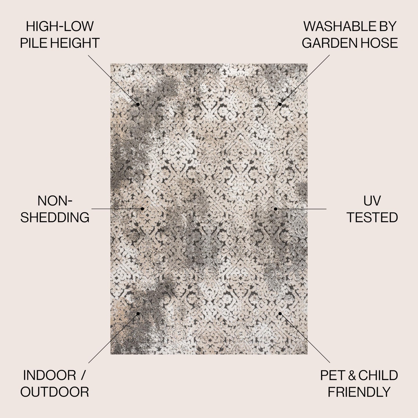 JONATHAN Y Shabby Damask Indoor Outdoor Area Rug 4X6 Cream/Beige/Dark Gray, Duenas High-Low for Backyard, Patio, Porch, Easy-Cleaning, High Traffic, Pet-Friendly, Non-Shedding (SBH110A-4)
