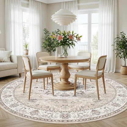 7x7 Living Room Area Rug: Washable Oriental Printed Soft Round Rug for Bedroom Besides Non-Slip Low-Pile Carpet for High-Traffic Area Indoor Stain Resistant Distressed Home Decor Mat(7Round,Beige)
