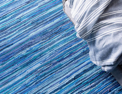 Unique Loom Chindi Cotton Collection Soft Hand Woven Natural Fiber Striped Area Rug, 2 ft 7 in x 9 ft 10 in, Navy Blue/Ivory