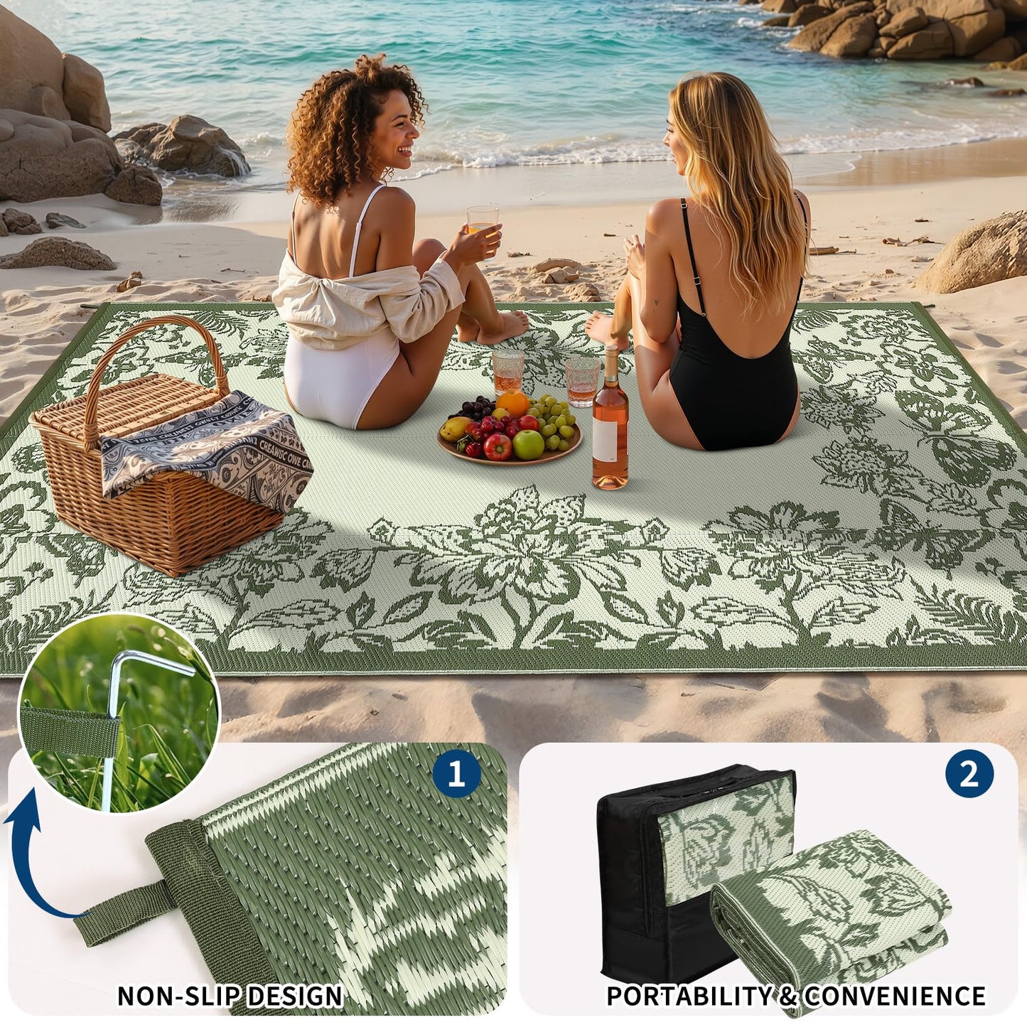 GarveeHome Outdoor Rug 9x18 Patio Waterproof, Reversible Plastic Straw Rugs for Camping, Picnic, Balcony, Porch, RV, Easy-Clean & Quick Dry Floral Pattern Large Indoor Outdoor Carpet, Green