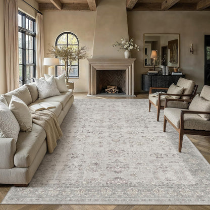 PureCozy 8x10 Living Room Area Rug Gray Washable Vintage Carpet Non Slip Low Pile Bedroom Traditional Distressed Large Throw Retro Grey Rug for Dining Room Home Office