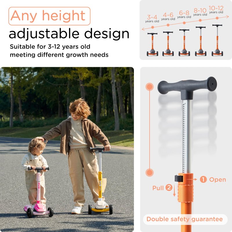 KUB 3-Wheel Toddler Scooter with LED Light-Up Wheels, Adjustable Height Handlebar, Lean-to-Steer, Extra-Wide Anti-Slip Deck - Easy-Fold Design for Boys & Girls Ages 2+