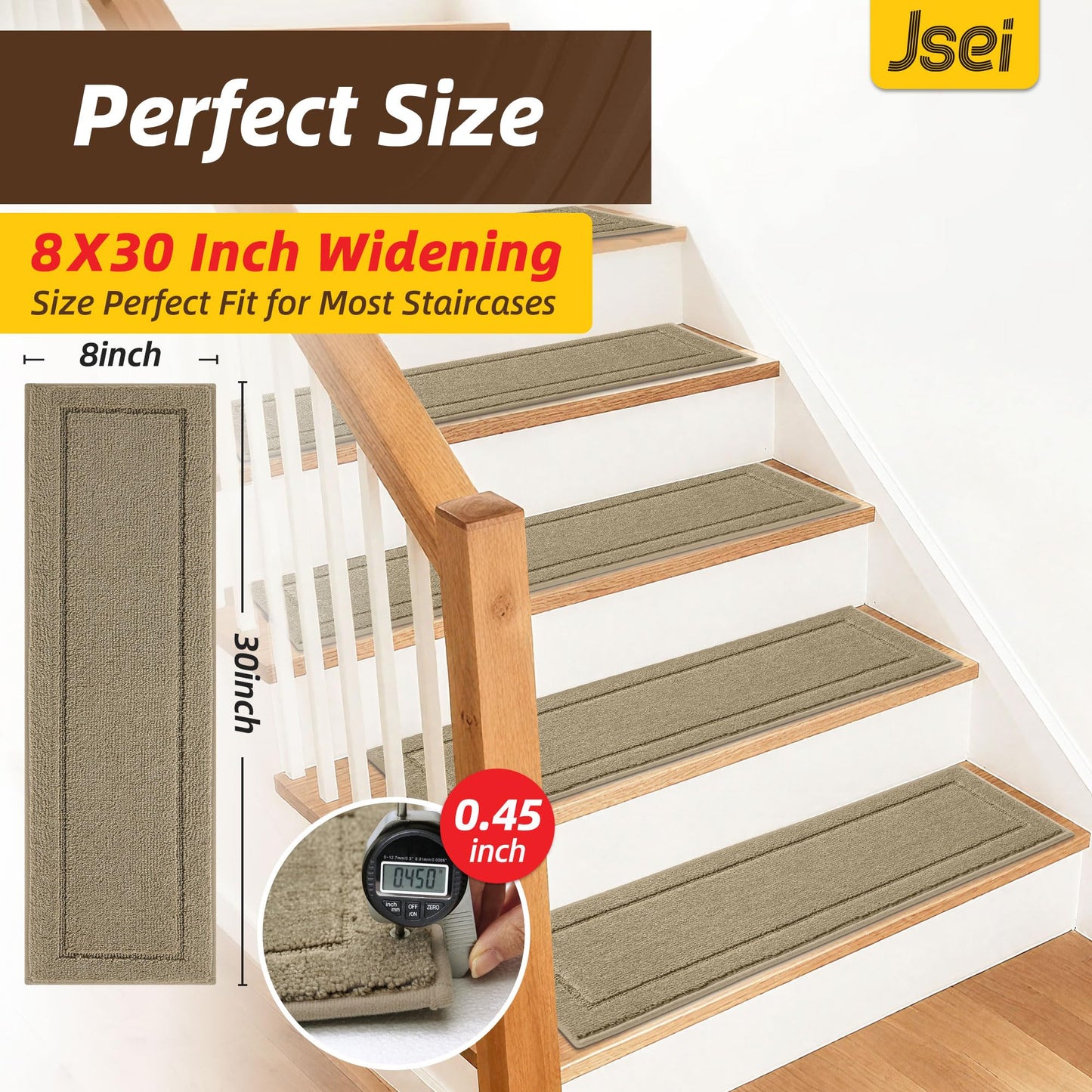 JSEI Stair Treads for Wooden Steps Indoor, 15-Pack Non Slip Stair Treads 30" x 8", Washable Polyester Stair Mats with TPE Backing, Low Profile Stair Rugs for Kids, Seniors and Dogs, Beige