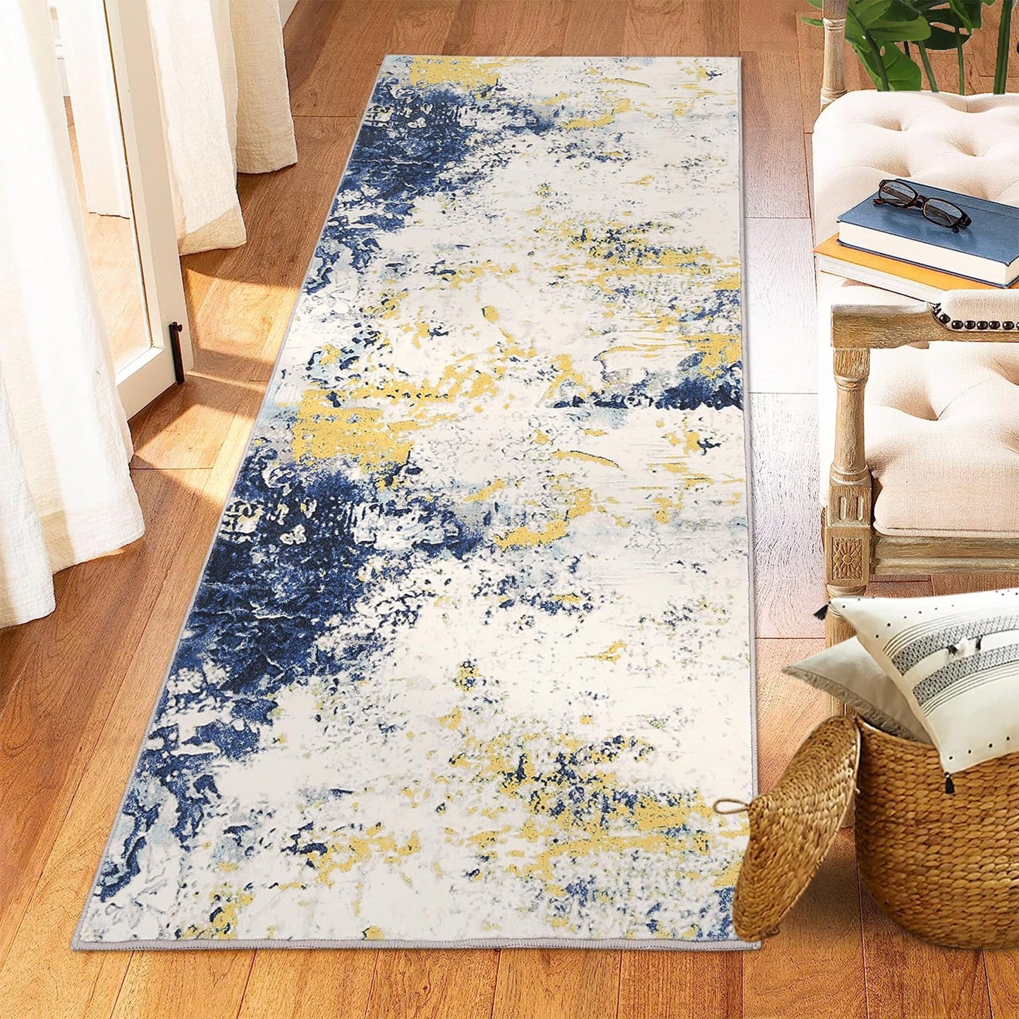 Abstract Modern Area Rug, 2x3 Washable Foldable Soft Rugs with Non-Slip Backing, Non-Shedding Floor Mat, Stain Resistant Carpet for Living Room Bedroom Dining Room Office, Yellow Blue