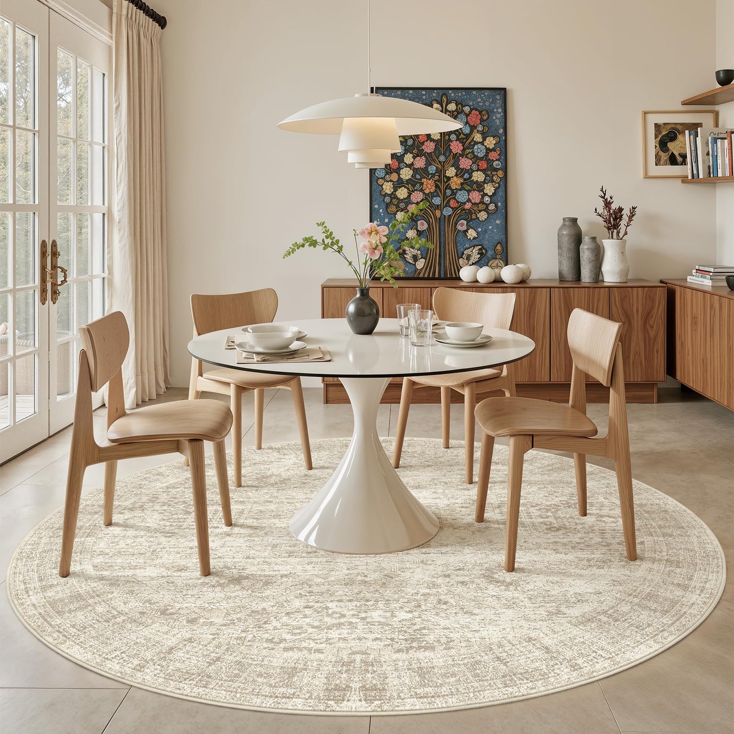 Soalmost 8x8 Beige Round Rug 8ft Living Room Circle Rug Vintage Round Area Rug Non Slip Indoor Carpet for Apartment