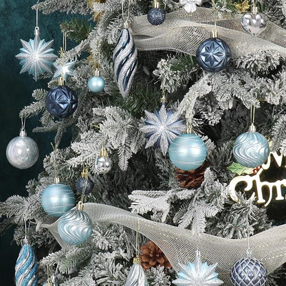 82Pcs Blue and Silver Christmas Ornaments Set,Shatterproof Christmas Decorations for Tree Assorted Plastic Craft Baubles Snowflake Ball Ornaments for Holiday Xmas Party Decor (Blue & Silver)