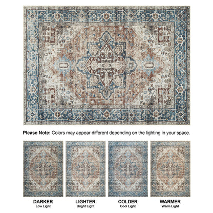Bloom Rugs Caria Washable Non-Slip 4x6 Rug - Terracotta/Blue Traditional Area Rug for Living Room, Bedroom, Dining Room, and Kitchen - Exact Size: 4' x 6'