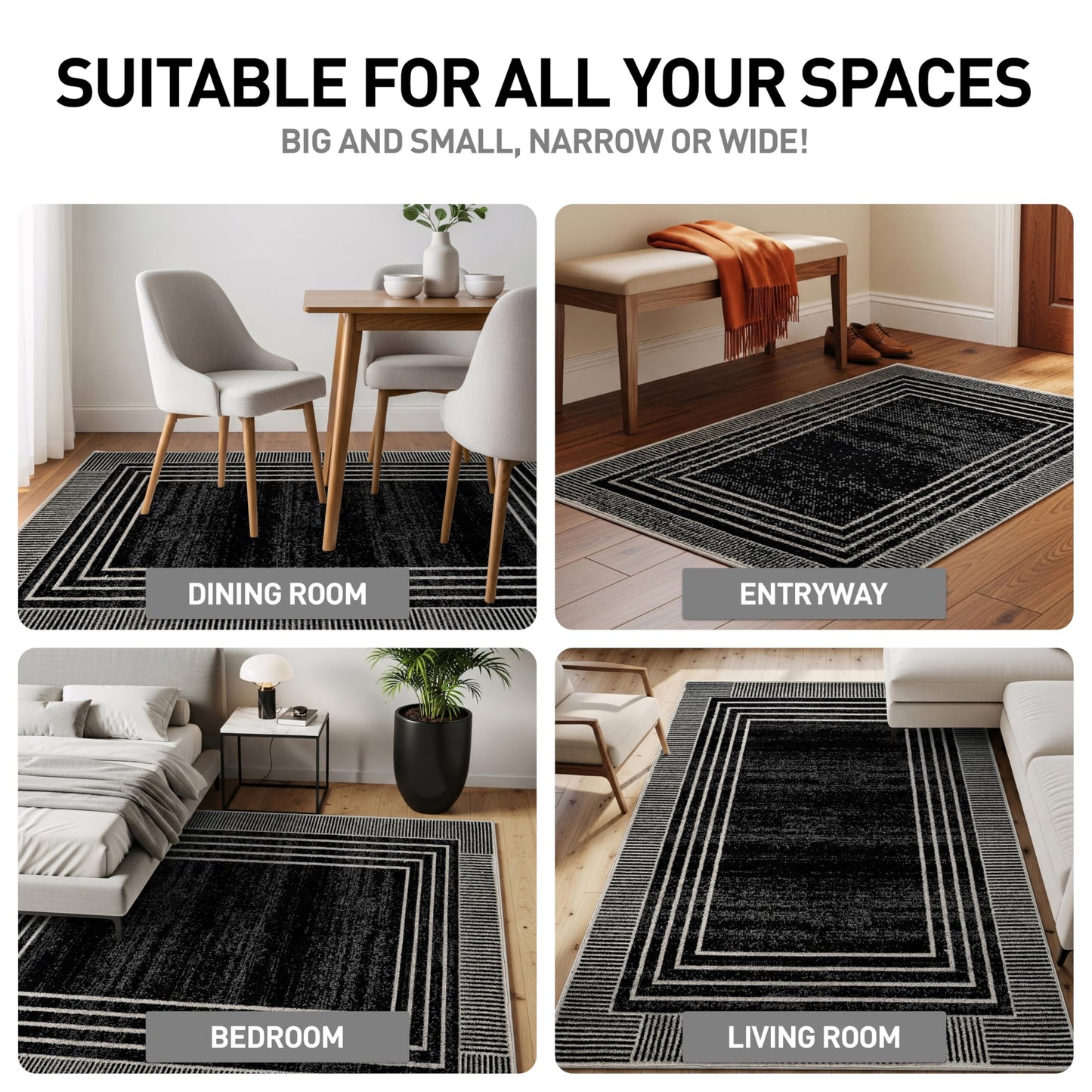 Rugshop Contemporary Geometric Bordered Indoor Area Rug for Living Room,Bedroom,Kitchen Rug Low Pile Rug with Jute Backing 5' x 7' Black