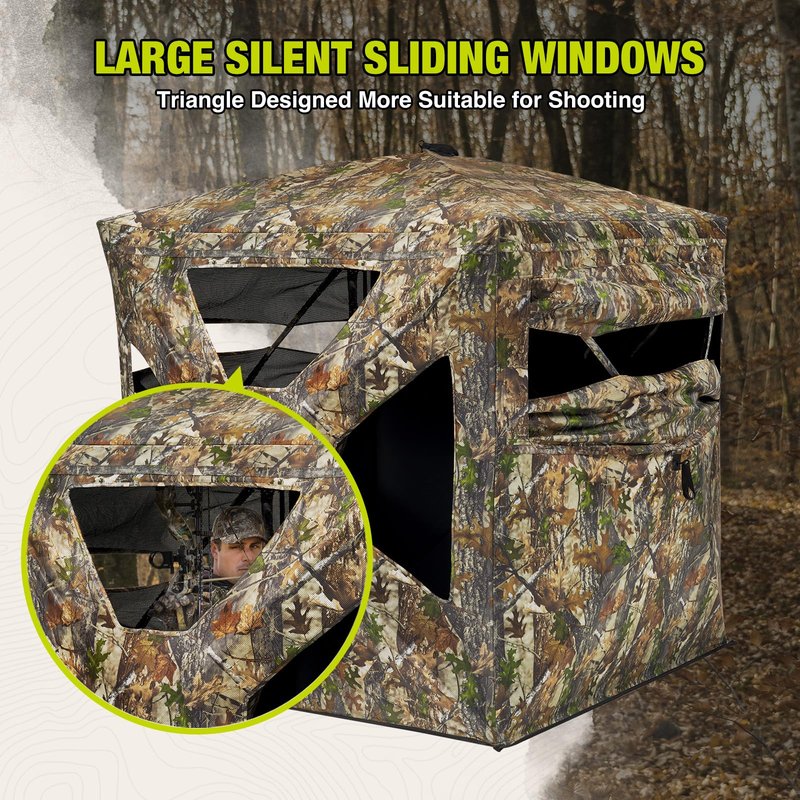TIDEWE Hunting Blind 270°Full See Through with Windproof Curtain, Silent Magnetic Door & Sliding Windows, 2-3 Person Pop Up Ground Blind with Carrying Bag, 300D Portable Tent (FD Camo Half Seethrough)