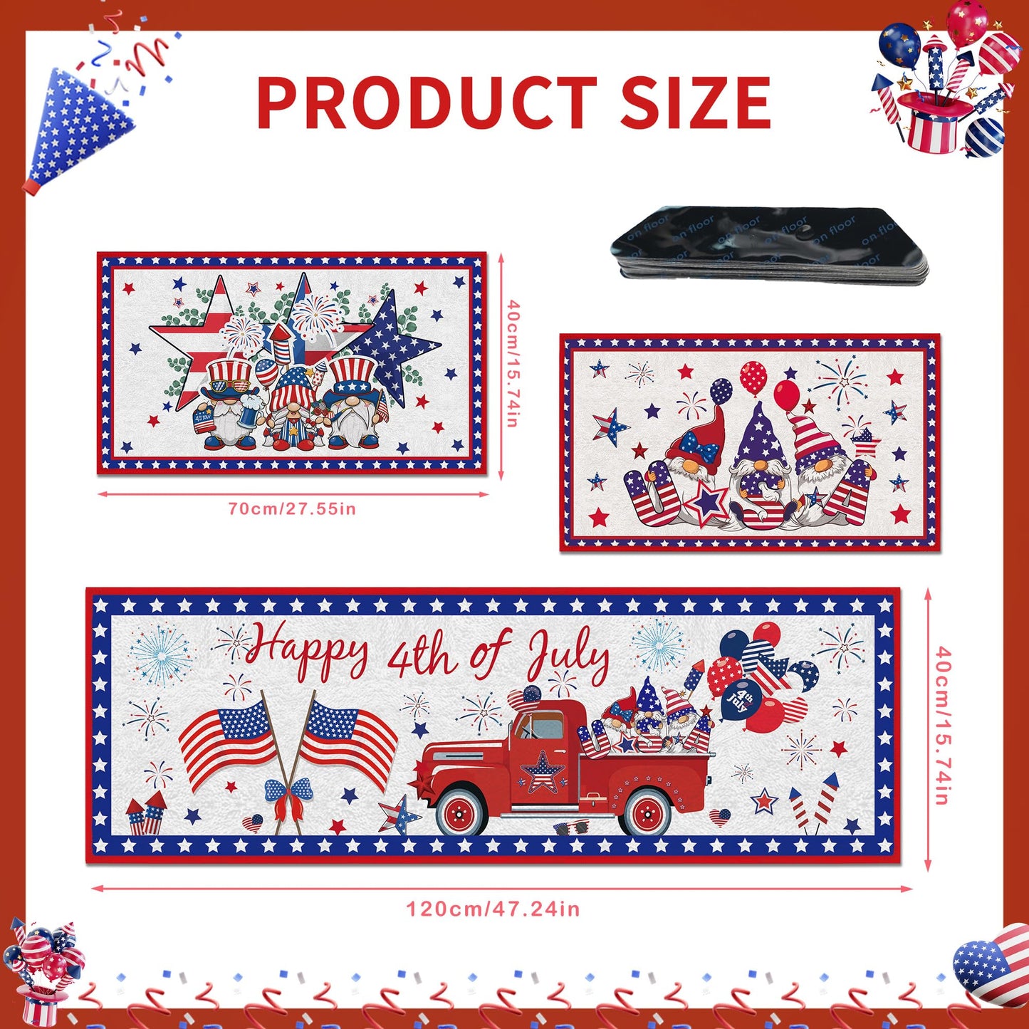 4th of July Kitchen Rugs Set, 3 Pcs Patriotic Gnome Runner Rug and Floor Mat, Americana Truck Decor for Kitchen Entryway, Red White Blue