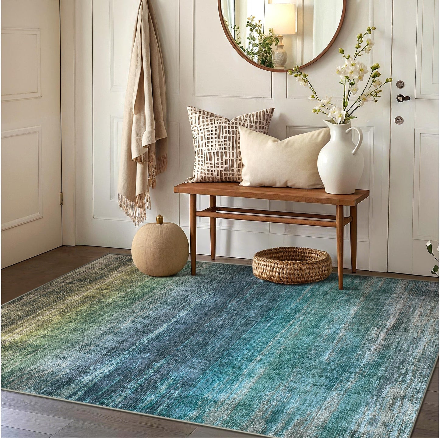 Kokia Abstract Teal Area Rug Living Room 5x7 Colorful Washable Large Rug Bedroom Living Room Under Dining Table Soft Non Slip Stain Resistant Carpet Room Decor, Blue and Green